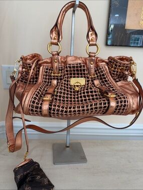 Metallic Copper Woven Shoulder Bag with Gold Hardware